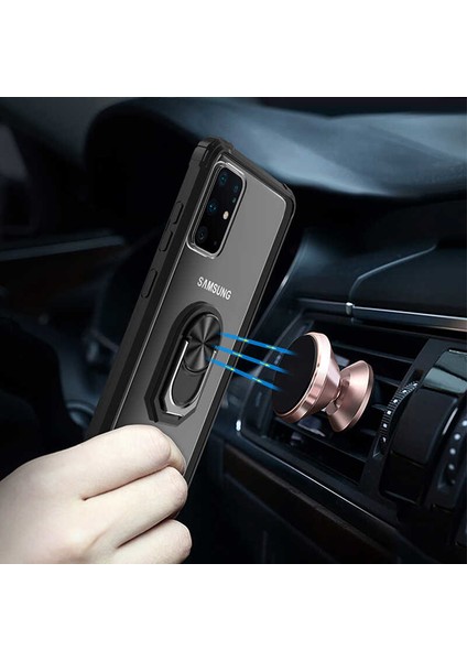 Apple iPhone 12 Pro (6.1'') Kılıf Ultra Korumalı Yüzüklü Standlı Mola Kapak + Cam Ekran Koruyucu Siyah