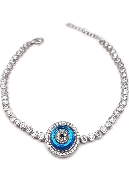 Nazar Boncuklu Zirkon Taşlı Su Yolu Kadın Gümüş Bileklik