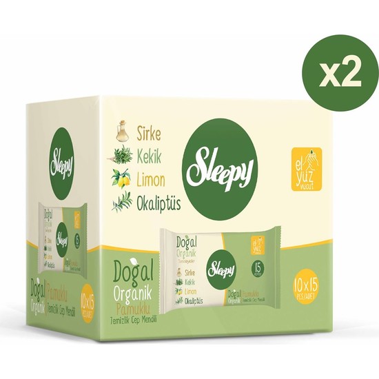 Sleepy Doğal Organik Pamuklu Cep Mendili 10 x 15'li (2 Kutu) Limon Kokusuyla 300 Yaprak