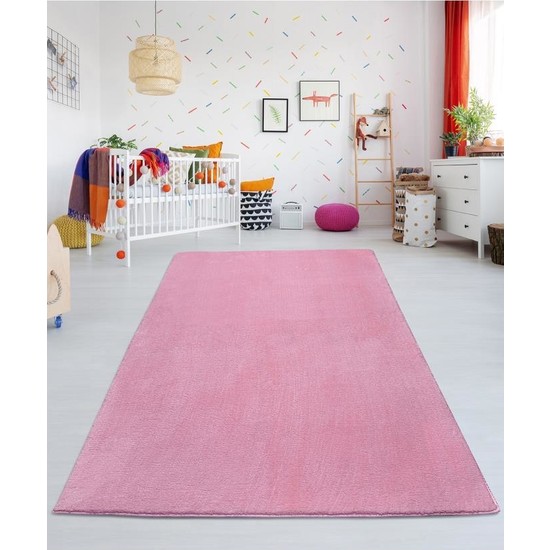 Konfor Pembe Peluş Tavşan Tüyü Kaymaz Taban Post Halı 80 x 150 cm