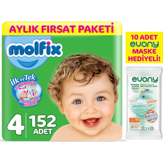 Molfix Bebek Bezi 4 Beden Maxi Aylık Fırsat Paketi 152�LI + Fiyatı