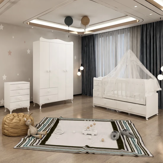 Garaj Home Melina Yıldız 4 Kapaklı Bebek Odası Takımı Beyaz - Yatak + Uyku Seti Kombinli