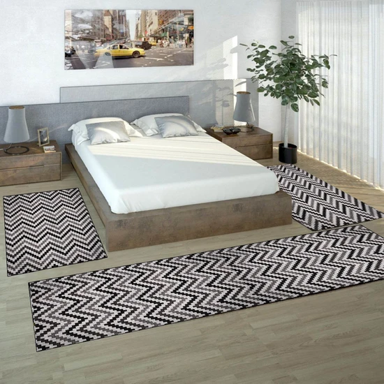 Else Gri Siyah Verev Çizgiler Modern Desenli 3lü Yatak Odası Yolluk Halı Seti
