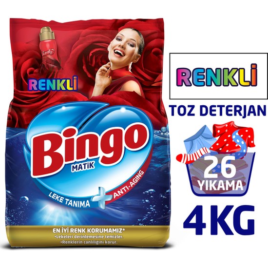 Bingo 4 Kg Renkli Toz Çamaşır Deterjanı 26 Yıkama Standart Koku ile Leke Tanıma Gücü