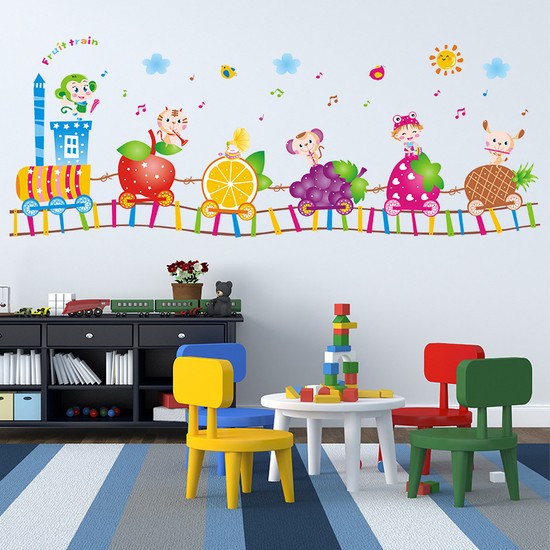 Crystal Kids Meyveli Tren Çocuk ve Bebek Odası Duvar Sticker Çocuk Odası Dekorasyonu Duvar Süsü
