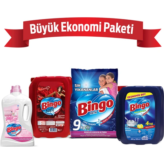 Bingo Büyük Ekonomi Paketi ; 9 kg Toz Çamaşır Deterjanı Sık Yıkananlar +Çamaşır Yumuşatıcısı 5 L Lovely + Bulaşık Sı