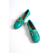 Mubiano Hakiki Deri 203-Y Oval Burunlu Toka Detay Kadın Yeşil Babet & Loafer Ayakkabı