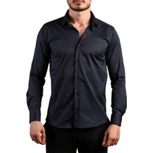 Dicotto Lacivert Ekstra Dar Kesim Likralı Esnek Micro Kumaş Kol Düğmeli Slim Fit Erkek Gömlek - 195-12