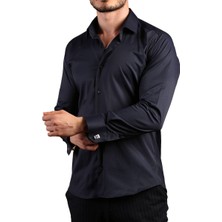 Dicotto Lacivert Ekstra Dar Kesim Likralı Esnek Micro Kumaş Kol Düğmeli Slim Fit Erkek Gömlek - 195-12