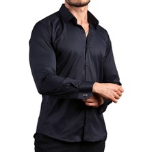 Dicotto Lacivert Ekstra Dar Kesim Likralı Esnek Micro Kumaş Kol Düğmeli Slim Fit Erkek Gömlek - 195-12