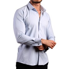 Dicotto Mavi Ekstra Dar Kesim Likralı Esnek Micro Kumaş Kol Düğmeli Slim Fit Erkek Gömlek - 195-4