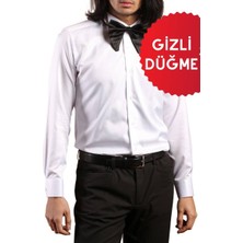 Dicotto Beyaz Gizli Pat Damatlık Ata Yaka Kol Düğmeli Slim Fit Smokin Gömlek - 001