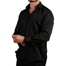 Dicotto Siyah Büyük Beden Rahat Kesim Micro Kumaş Kol Düğmeli Regular Fit Erkek Gömlek - 190-6