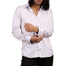 Dicotto Beyaz Lacivert Bieli Yaka Dar Kesim Micro Kumaş Kol Düğmeli Slim Fit Erkek Gömlek - 200-1