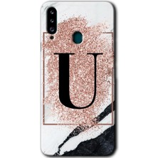 Gramaphone Galaxy A20S Kılıf Hd Desen Baskılı Arka Kapak - Pembe Mermer Desenli U Harfi