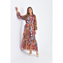 FTZ Women Kadın Şifon Baskılı Elbise  Mercan 30499