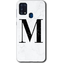 Gramaphone Galaxy M31 Kılıf Hd Desen Baskılı Arka Kapak - Beyaz Mermer Desenli M Harfi
