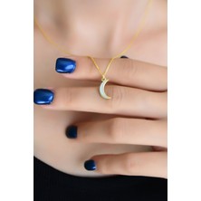 Papatya Silver 925 Ayar Gümüş Altın Kaplama Beyaz Mineli Hilal Kadın Kolye