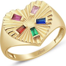 Lilarote Renkli Taşlı Kalp Altın Yüzük