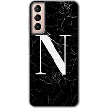 Gramaphone Galaxy S21 Plus Kılıf Hd Desen Baskılı Arka Kapak + Kırılmaz Cam - Siyah Mermer Desenli N Harfi