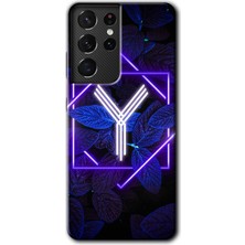 Gramaphone Galaxy S21 Ultra Kılıf Hd Desen Baskılı Arka Kapak - Dark Neon Yaprak Y Harfi