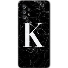 Galaxy A13 Kılıf Hd Desen Baskılı Arka Kapak + Kırılmaz Cam - Siyah Mermer Desenli K Harfi
