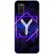 Gramaphone Galaxy A03S Kılıf Hd Desen Baskılı Arka Kapak + Esnek Nano Cam - Dark Neon Yaprak Y Harfi