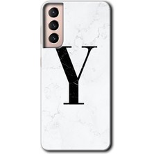 Galaxy S21 Kılıf Hd Desen Baskılı Arka Kapak + Kırılmaz Cam - Beyaz Mermer Desenli Y Harfi