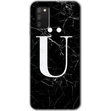 Gramaphone Galaxy A03S Kılıf Hd Desen Baskılı Arka Kapak + Kırılmaz Cam - Siyah Mermer Desenli Ü Harfi