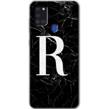Gramaphone Galaxy A21S Kılıf Hd Desen Baskılı Arka Kapak + Esnek Nano Cam - Siyah Mermer Desenli R Harfi