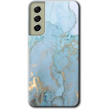 Galaxy S21 Fe Kılıf Hd Desen Baskılı Arka Kapak + Esnek Nano Cam - Mavi Gold Mermer