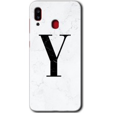 Galaxy A20 Kılıf Hd Desen Baskılı Arka Kapak + Kırılmaz Cam - Beyaz Mermer Desenli Y Harfi