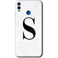 Gramaphone Honor 8x Kılıf Hd Desen Baskılı Arka Kapak + Esnek Nano Cam - Beyaz Mermer Desenli S Harfi