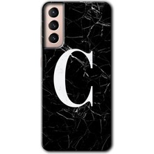 Gramaphone Galaxy S21 Kılıf Hd Desen Baskılı Arka Kapak + Esnek Nano Cam - Siyah Mermer Desenli C Harfi