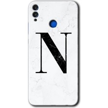 Gramaphone Honor 8x Kılıf Hd Desen Baskılı Arka Kapak + Kırılmaz Cam - Beyaz Mermer Desenli N Harfi