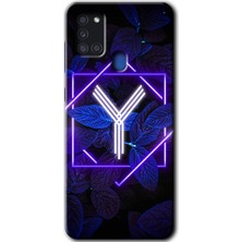 Galaxy A21S Kılıf Hd Desen Baskılı Arka Kapak + Kırılmaz Cam - Dark Neon Yaprak Y Harfi