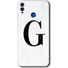 Honor 8x Kılıf Hd Desen Baskılı Arka Kapak + Kırılmaz Cam - Beyaz Mermer Desenli G Harfi