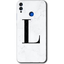 Gramaphone Honor 8x Kılıf Hd Desen Baskılı Arka Kapak + Kırılmaz Cam - Beyaz Mermer Desenli L Harfi