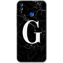 Gramaphone Honor 8x Kılıf Hd Desen Baskılı Arka Kapak + Esnek Nano Cam - Siyah Mermer Desenli G Harfi