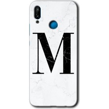 Huawei P20 Lite Kılıf Hd Desen Baskılı Arka Kapak - Beyaz Mermer Desenli M Harfi