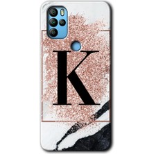 Omix X500 Kılıf Hd Desen Baskılı Arka Kapak + Kırılmaz Cam - Pembe Mermer Desenli K Harfi
