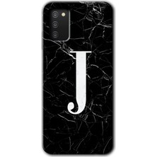 Gramaphone Galaxy A02S Kılıf Hd Desen Baskılı Arka Kapak + Esnek Nano Cam - Siyah Mermer Desenli J Harfi