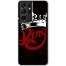 Galaxy S21 Ultra Kılıf Hd Desen Baskılı Arka Kapak + Kırılmaz Cam - King