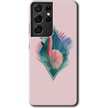 Gramaphone Galaxy S21 Ultra Kılıf Hd Desen Baskılı Arka Kapak + Kırılmaz Cam - Flamingo