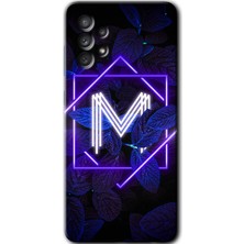 Gramaphone Galaxy A52 Kılıf Hd Desen Baskılı Arka Kapak + Kırılmaz Cam - Dark Neon Yaprak M Harfi