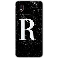 Gramaphone Galaxy A01 Core Kılıf Hd Desen Baskılı Arka Kapak + Kırılmaz Cam - Siyah Mermer Desenli R Harfi