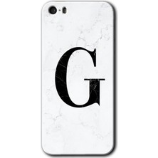 Gramaphone iPhone 5s Kılıf Hd Desen Baskılı Arka Kapak + Kırılmaz Cam - Beyaz Mermer Desenli G Harfi