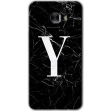 Gramaphone Galaxy C7 Pro Kılıf Hd Desen Baskılı Arka Kapak + Kırılmaz Cam - Siyah Mermer Desenli Y Harfi