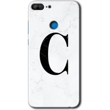 Gramaphone Honor 9 Lite Kılıf Hd Desen Baskılı Arka Kapak + Kırılmaz Cam - Beyaz Mermer Desenli C Harfi