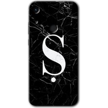 Gramaphone Honor 8A Kılıf Hd Desen Baskılı Arka Kapak + Esnek Nano Cam - Siyah Mermer Desenli Ş Harfi